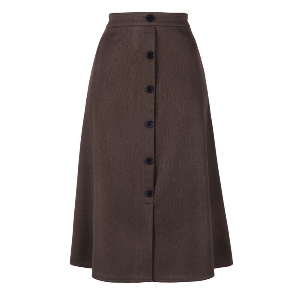 Women High Waist Herringbone A-Line Midi Skirts Brown